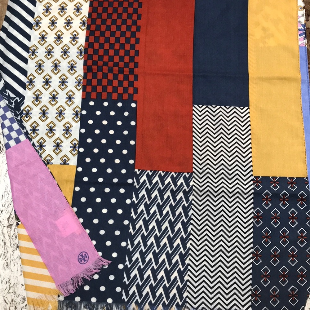 Tory Burch patchwork wool silk blend oblong scarf